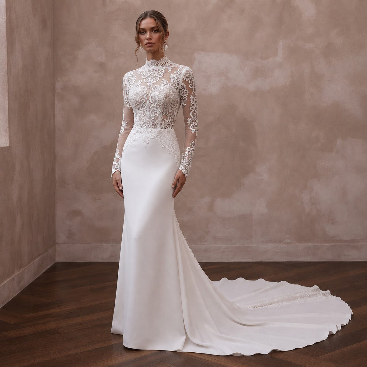 Cathedral Lace Wedding Dress with Long Sleeves for a Church Ceremony - Apparel & Accessories > Clothing > Wedding & Bridal Party Dresses > Wedding Dresses - Mignonette Bridal Main image