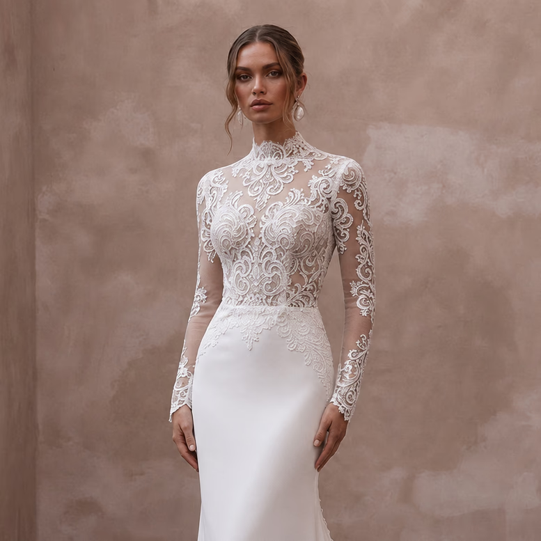 Cathedral Lace Wedding Dress with Long Sleeves for a Church Ceremony