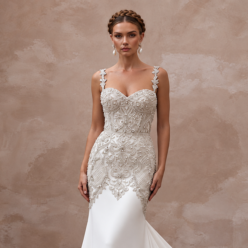 Cathedral Train Beaded Bridal Gown for a Formal Wedding