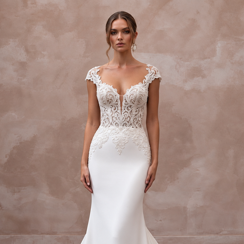 Elegant lace wedding dress with a cathedral train, featuring intricate embroidery and a flattering fit. Perfect for a cathedral ceremony.