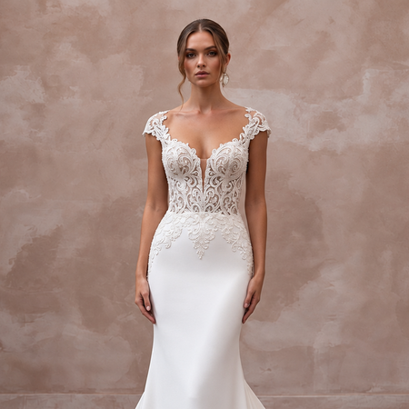Elegant lace wedding dress with a cathedral train, featuring intricate embroidery and a flattering fit. Perfect for a cathedral ceremony.