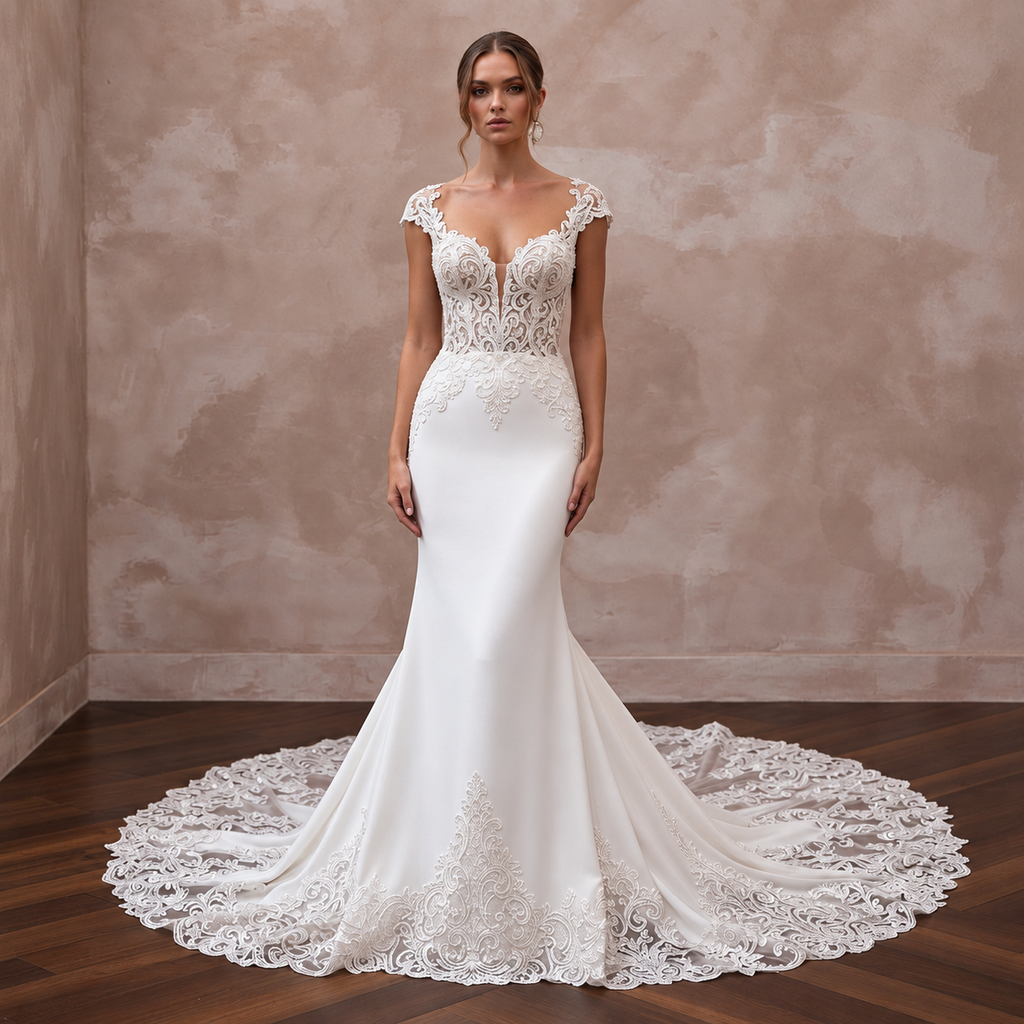 Elegant lace wedding dress with a cathedral train, featuring intricate detailing and a flattering silhouette. Perfect for a grand ceremony.