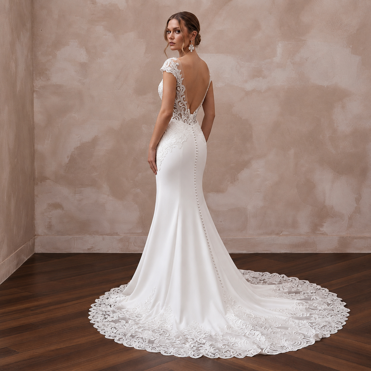 Elegant lace wedding dress with a cathedral train, featuring a deep back and intricate floral detailing. Perfect for ceremonies.
