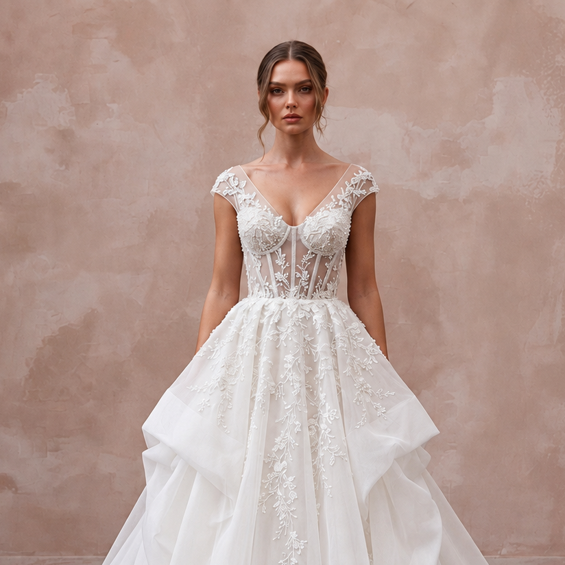 Elegant cathedral train organza wedding dress with intricate floral embroidery and a sheer bodice. Perfect for formal ceremonies.