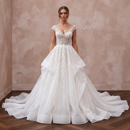Elegant cathedral train organza wedding dress with floral embroidery and a fitted bodice, perfect for a formal ceremony.