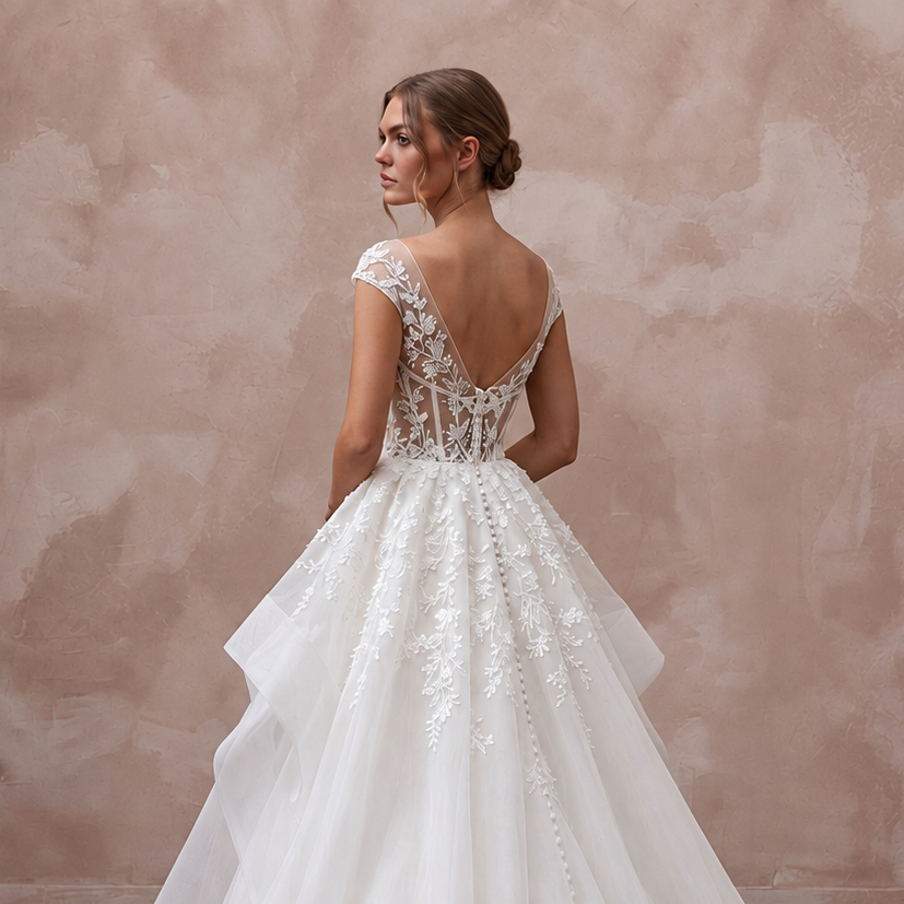 Elegant cathedral train organza wedding dress with intricate floral embroidery and a low back design. Perfect for formal ceremonies.