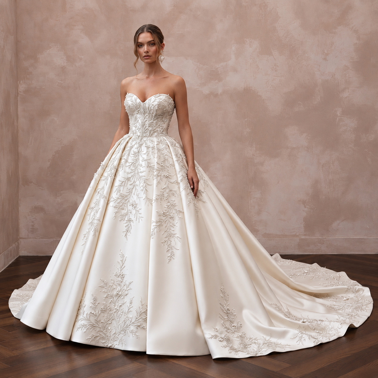 Elegant satin bridal gown with a sweetheart neckline, intricate embroidery, and a dramatic cathedral train.