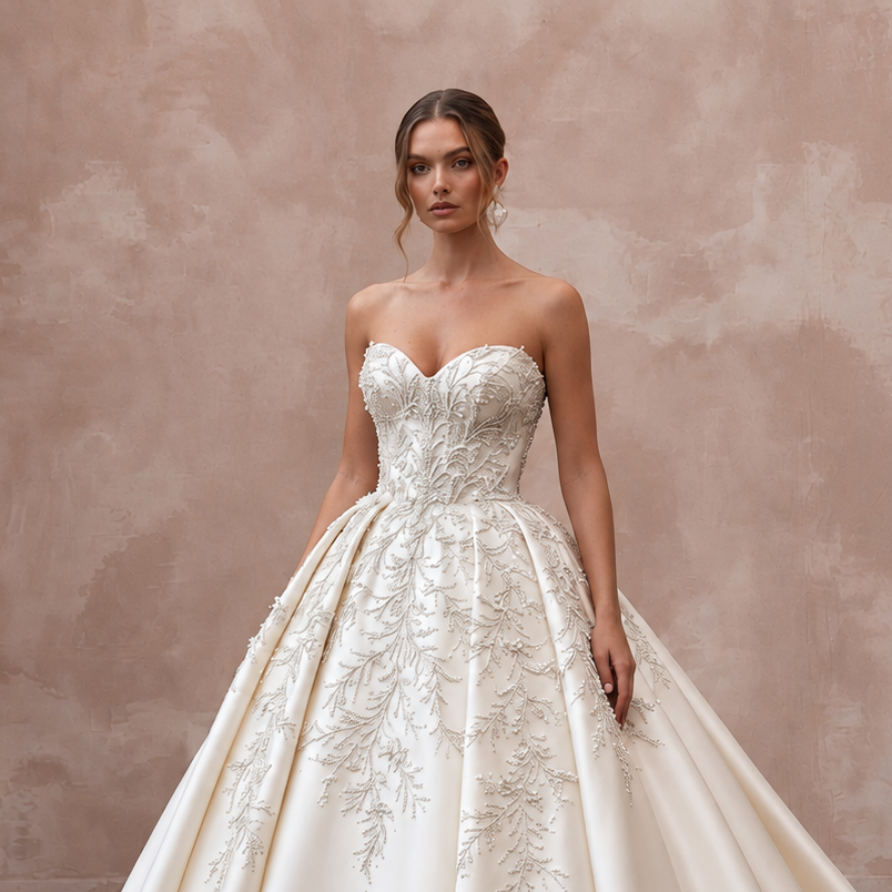 Elegant satin bridal gown with cathedral train, ball gown silhouette, and intricate bead detailing.