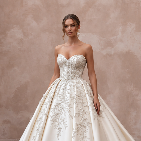 Elegant satin bridal gown with cathedral train, ball gown silhouette, and intricate bead detailing.