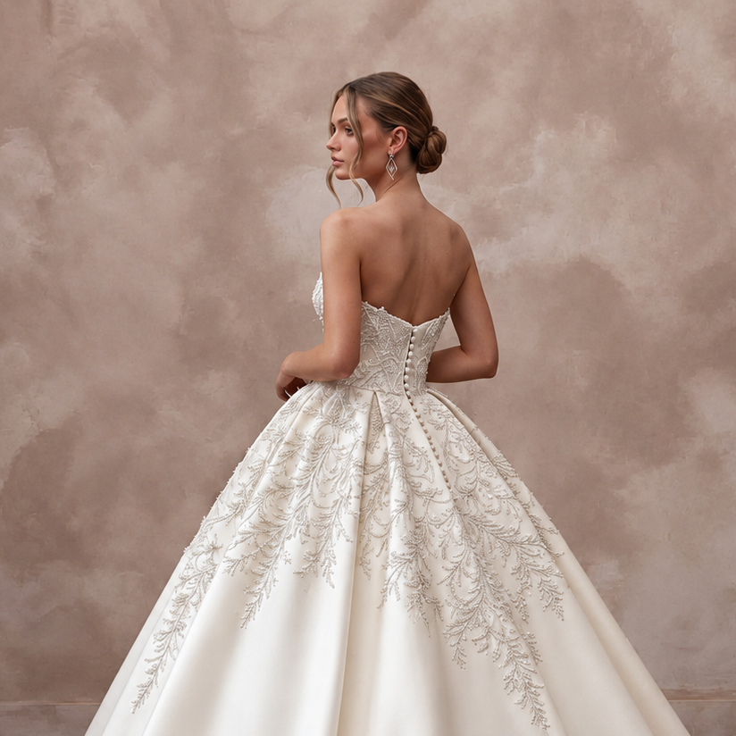 Elegant satin bridal gown with cathedral train, featuring ball gown silhouette and intricate embroidery. Perfect for weddings.