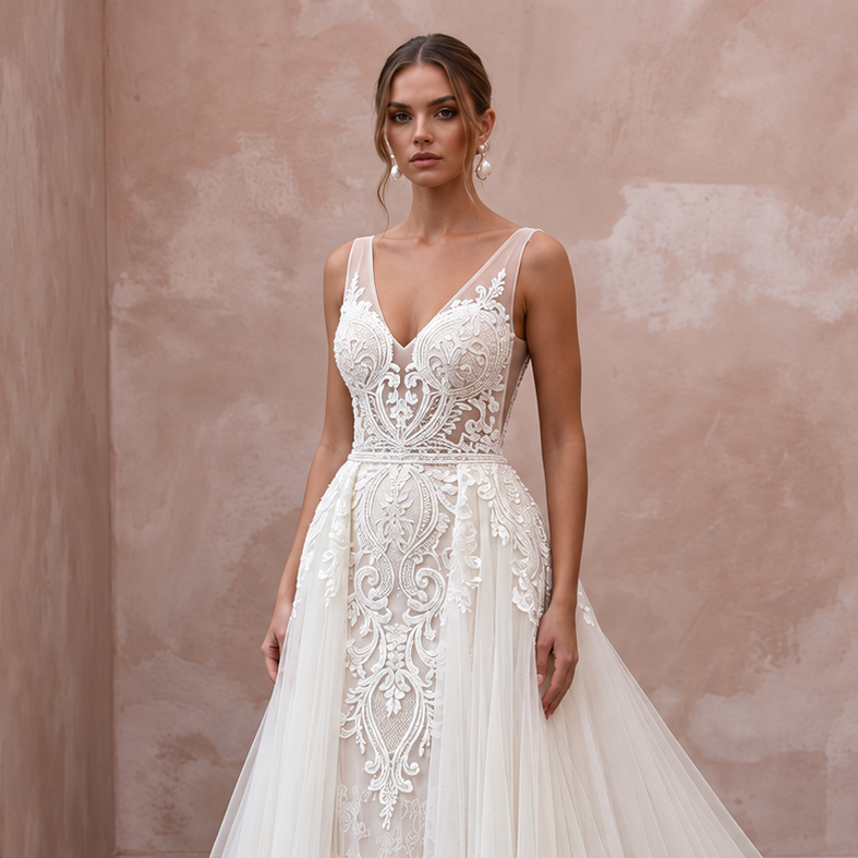 Elegant satin wedding dress with court train, featuring intricate lace detailing and a flattering V-neckline.