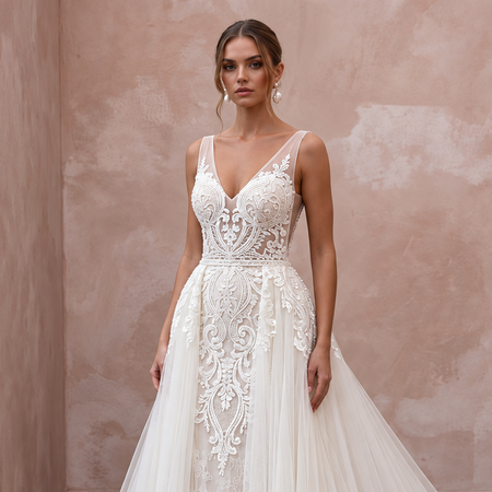 Elegant satin wedding dress with court train, featuring intricate lace detailing and a flattering V-neckline.