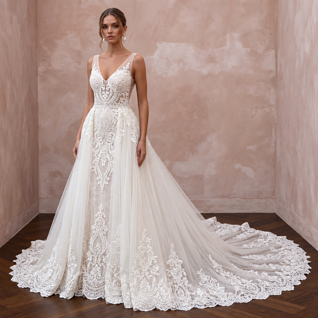 Elegant satin wedding dress with court train, adorned with intricate lace and embroidery, perfect for a courthouse ceremony.