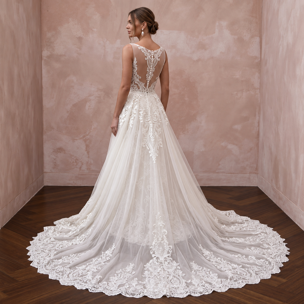 Elegant court train satin wedding dress with intricate lace detailing, perfect for a courthouse ceremony.