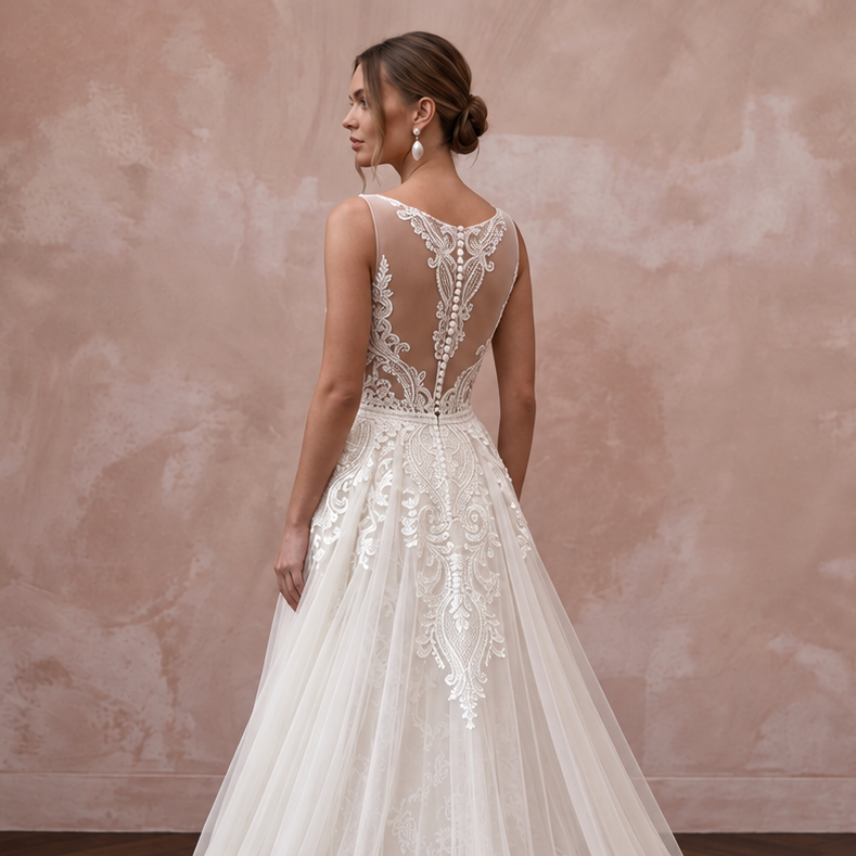 Elegant court train satin wedding dress with intricate lace detailing, perfect for a courthouse ceremony.