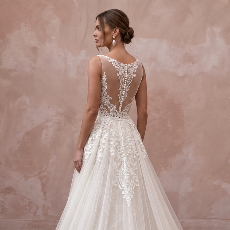 Elegant tulle bridal gown with cathedral train and intricate lace detailing, perfect for a traditional wedding.