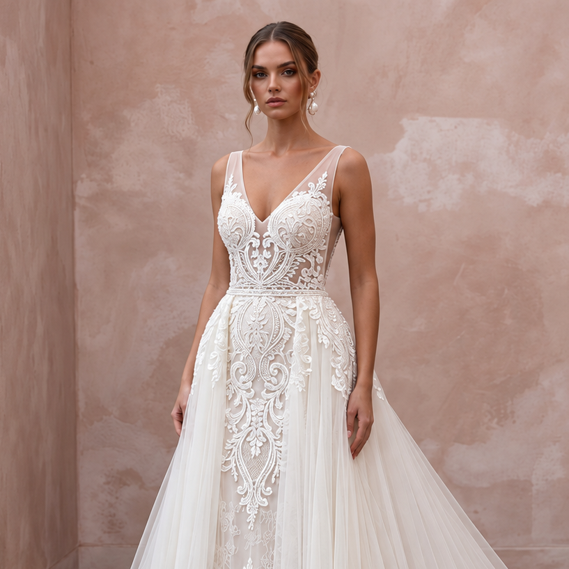 Elegant cathedral train tulle bridal gown featuring intricate lace detailing, perfect for a traditional wedding.