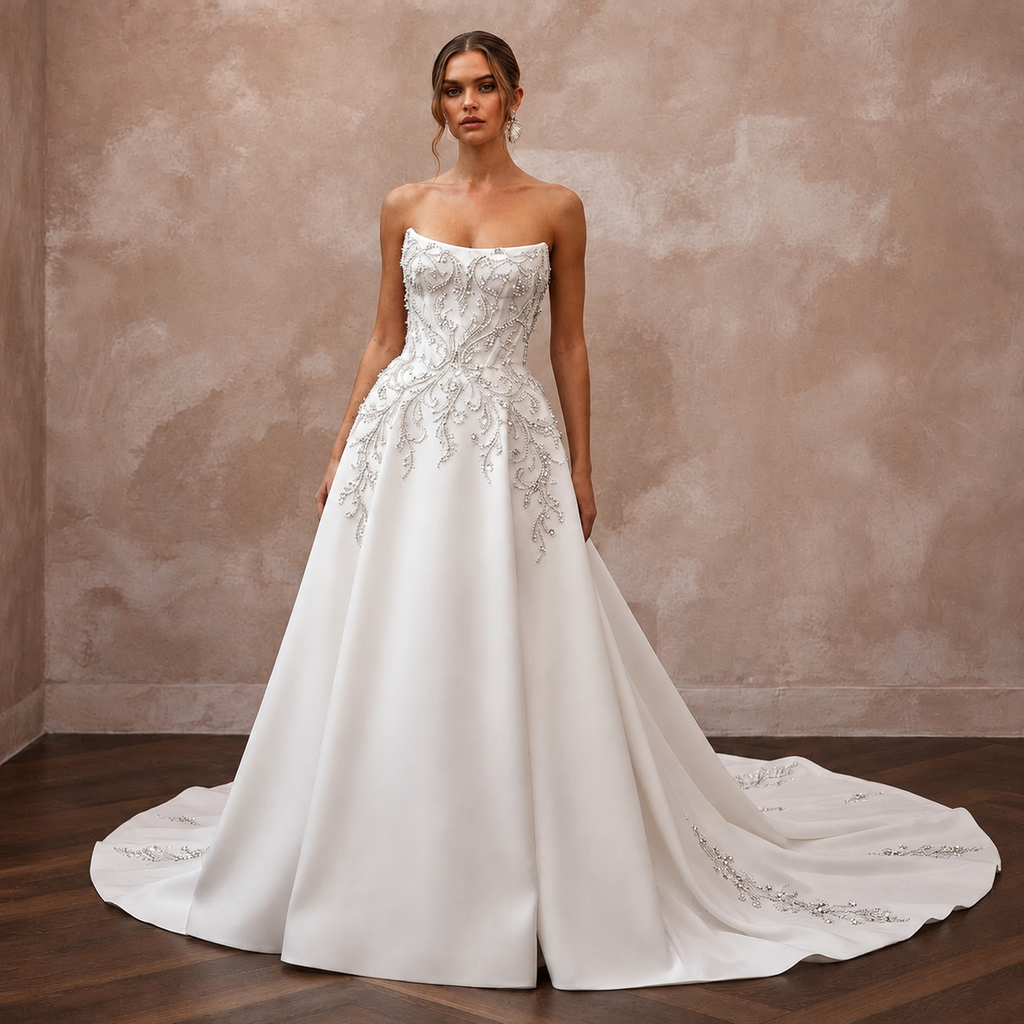 Cathedral Train Wedding Dresses with Crystal Details