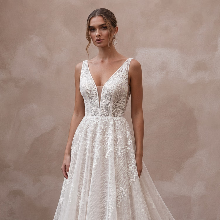 Cathedral Train Wedding Dresses with Intricate Lace Borders - Apparel & Accessories > Clothing > Wedding & Bridal Party Dresses > Wedding Dresses - Mignonette