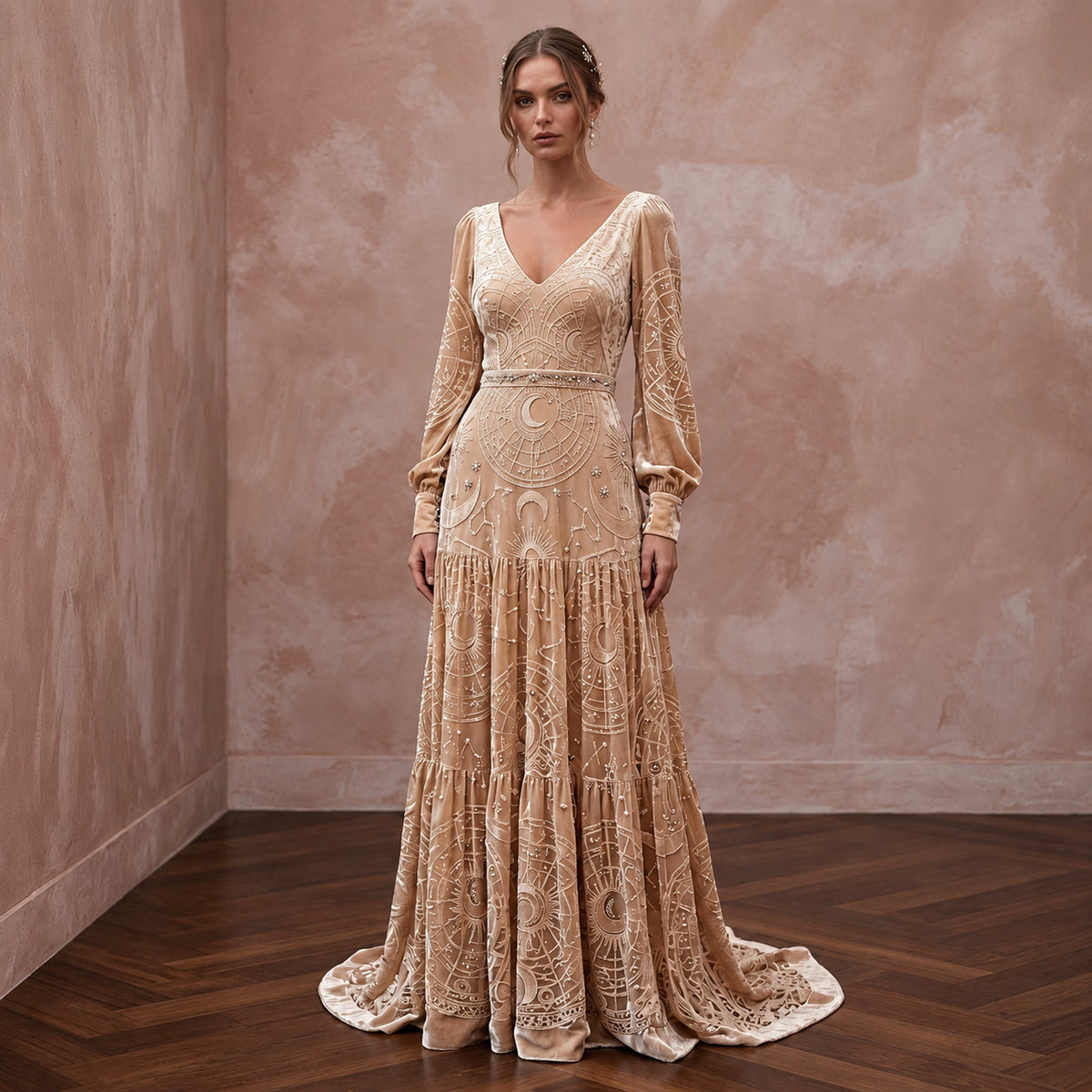 Celestial Champagne Velvet Burnout Boho Wedding Dress for Winter Rehearsal