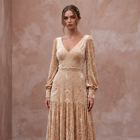 Celestial Champagne Velvet Burnout Boho Wedding Dress for Winter Rehearsal