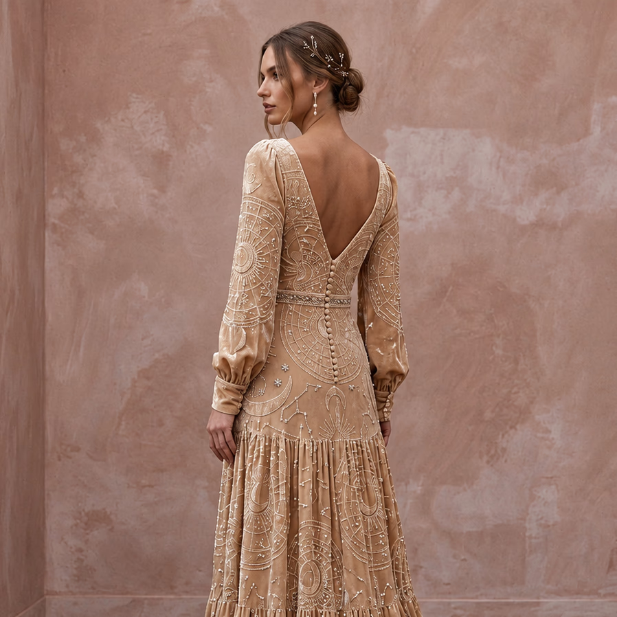 Celestial Champagne Velvet Burnout Boho Wedding Dress for Winter Rehearsal