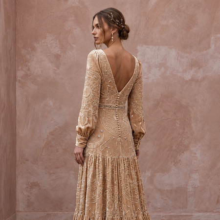 Celestial Champagne Velvet Burnout Boho Wedding Dress for Winter Rehearsal