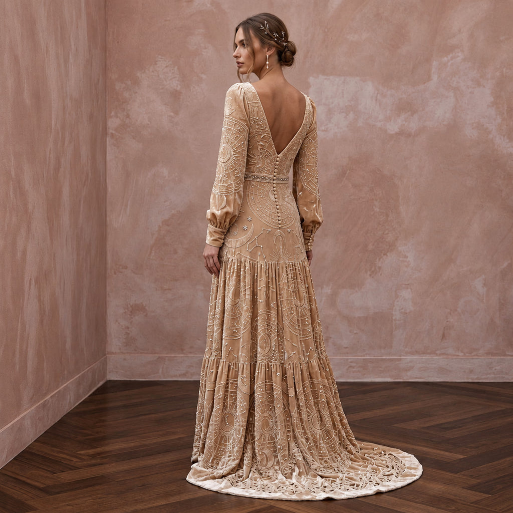 Celestial Champagne Velvet Burnout Boho Wedding Dress for Winter Rehearsal