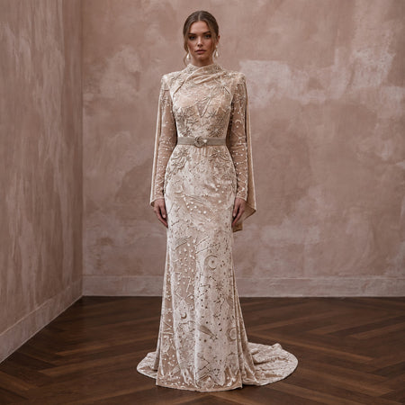 Celestial Champagne Velvet Burnout Dress for Winter Rehearsal - Apparel & Accessories > Clothing > Wedding & Bridal Party Dresses > Wedding Dresses - Mignonette Bridal