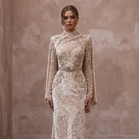Celestial Champagne Velvet Burnout Dress for Winter Rehearsal - Apparel & Accessories > Clothing > Wedding & Bridal Party Dresses > Wedding Dresses - Mignonette Bridal