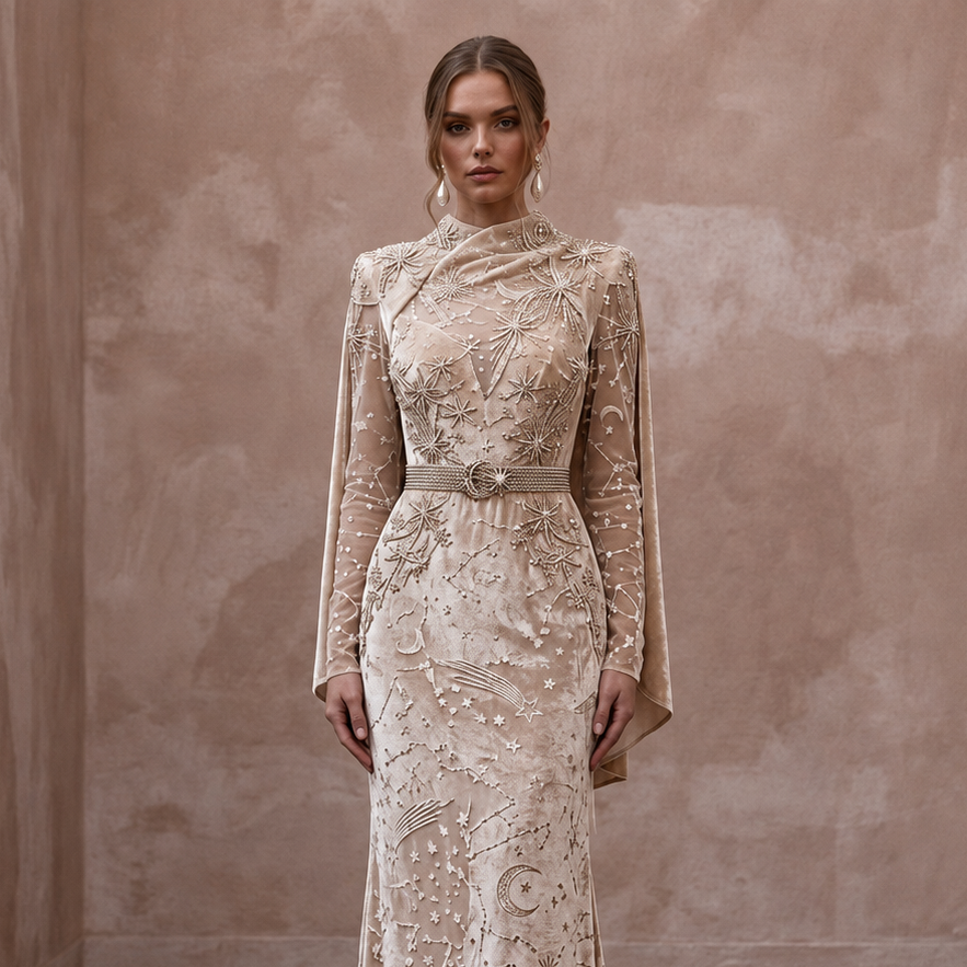 Celestial Champagne Velvet Burnout Dress for Winter Rehearsal