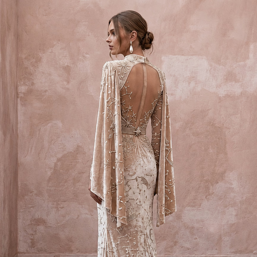Celestial Champagne Velvet Burnout Dress for Winter Rehearsal - Apparel & Accessories > Clothing > Wedding & Bridal Party Dresses > Wedding Dresses - Mignonette Bridal
