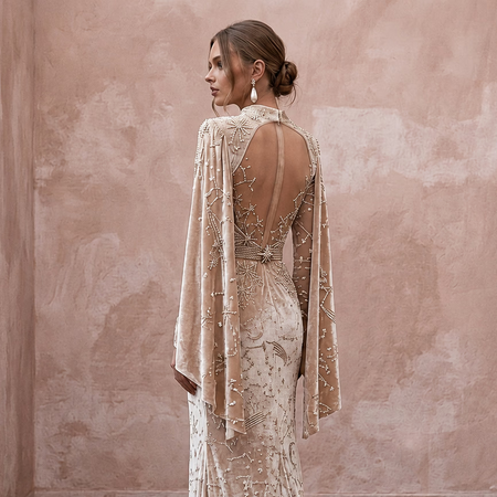 Celestial Champagne Velvet Burnout Dress for Winter Rehearsal - Apparel & Accessories > Clothing > Wedding & Bridal Party Dresses > Wedding Dresses - Mignonette Bridal