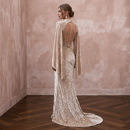 Celestial Champagne Velvet Burnout Dress for Winter Rehearsal - Apparel & Accessories > Clothing > Wedding & Bridal Party Dresses > Wedding Dresses - Mignonette Bridal
