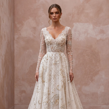 Celestial Ivory Sparkle Tulle Long Sleeve A-Line Wedding Dress for Stargazing