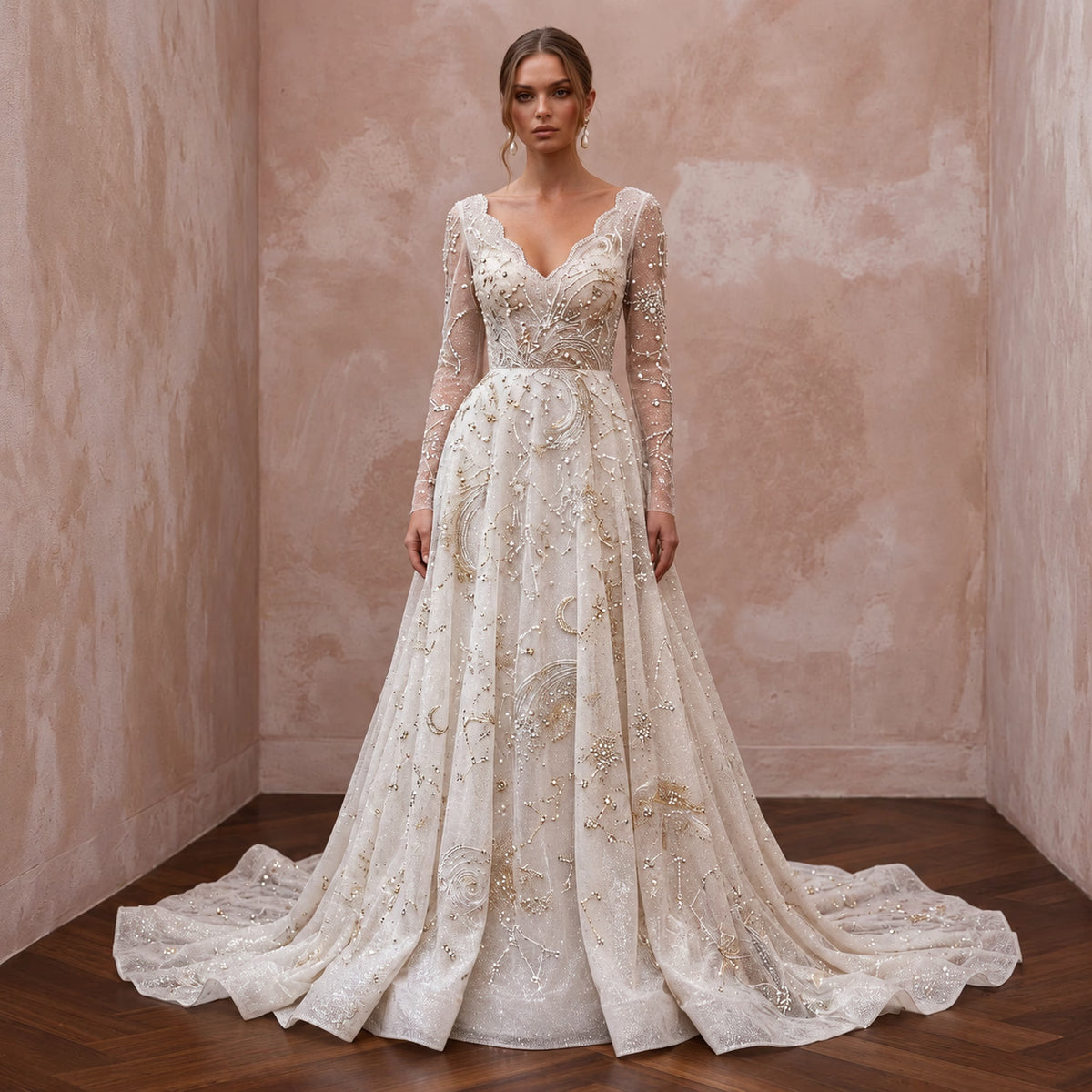 Celestial Ivory Sparkle Tulle Long Sleeve A-Line Wedding Dress for Stargazing
