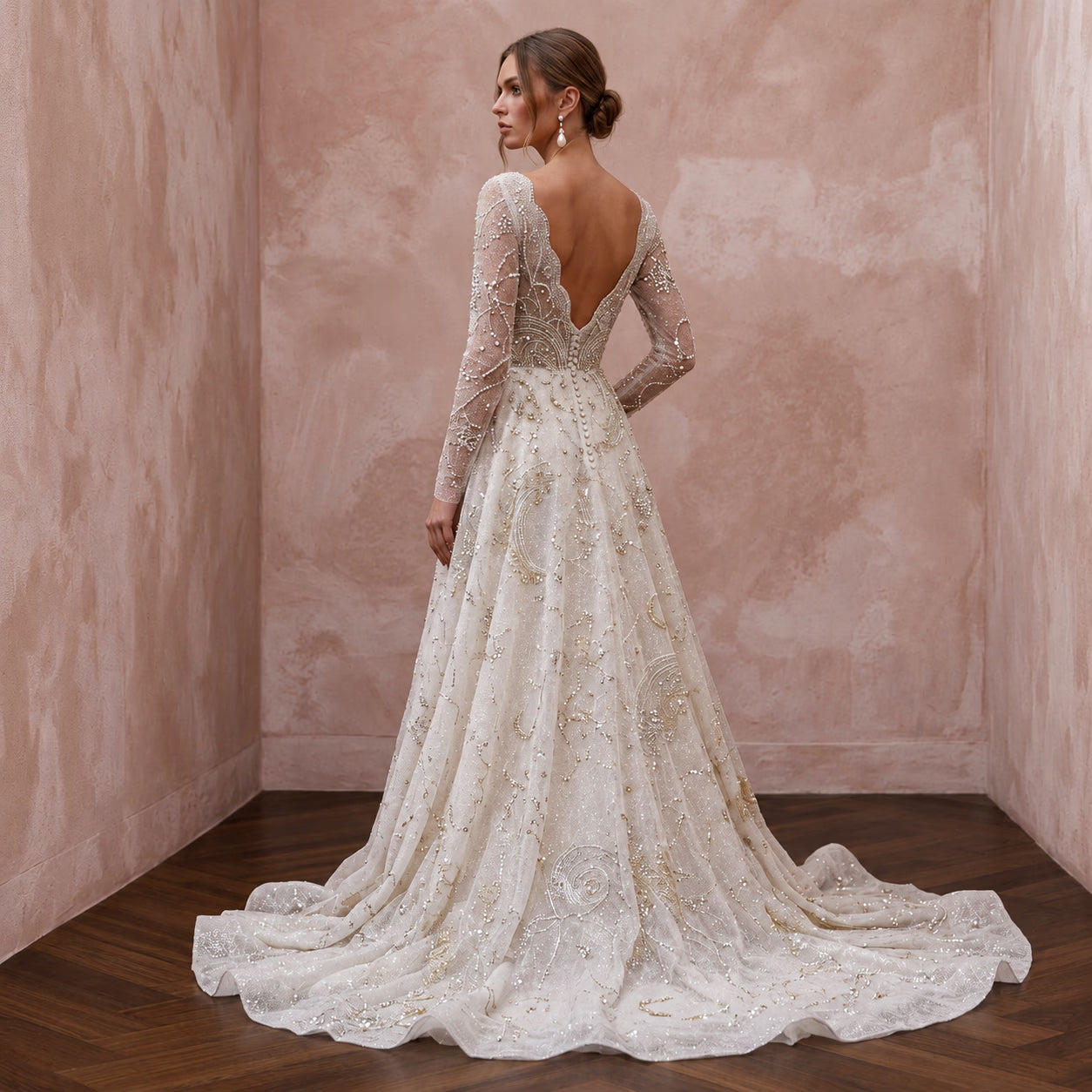 Celestial Ivory Sparkle Tulle Long Sleeve A-Line Wedding Dress for Stargazing Secondary image