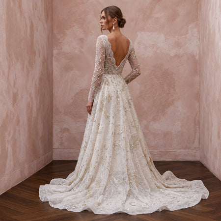 Celestial Ivory Sparkle Tulle Long Sleeve A-Line Wedding Dress for Stargazing