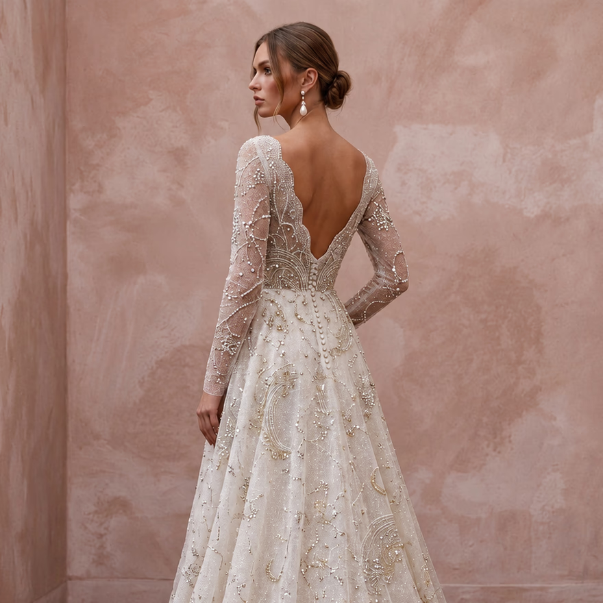 Celestial Ivory Sparkle Tulle Long Sleeve A-Line Wedding Dress for Stargazing