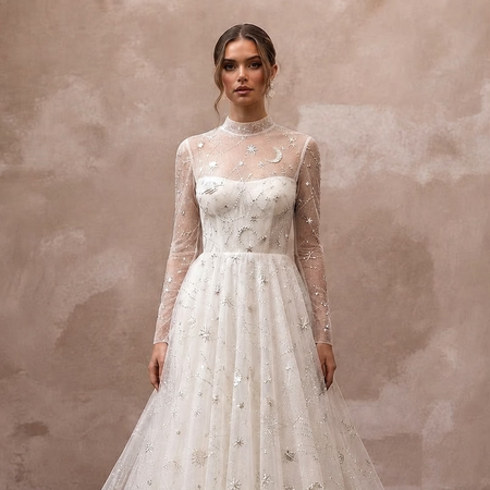 Celestial Ivory Sparkle Tulle Long Sleeve A - Line for Stargazing - Apparel & Accessories > Clothing > Wedding & Bridal Party Dresses > Wedding Dresses - Mignonette Bridal