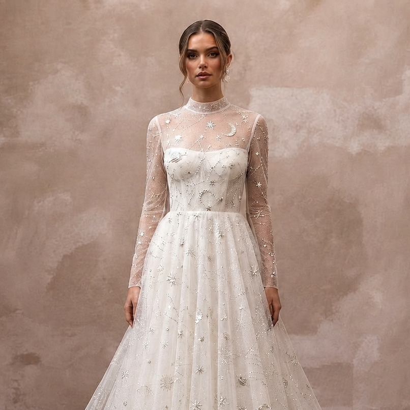Celestial Ivory Sparkle Tulle Long Sleeve A-Line for Stargazing