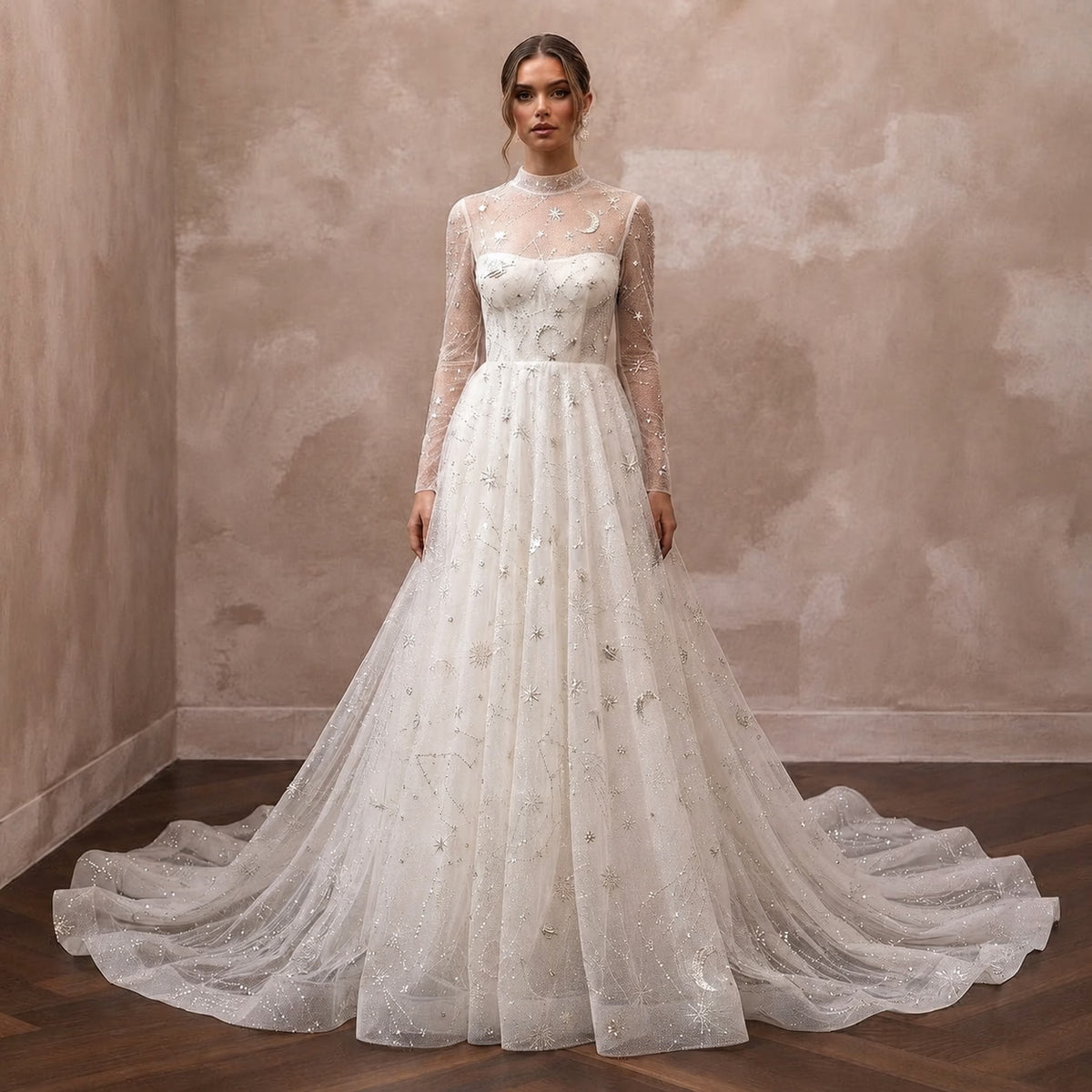Celestial Ivory Sparkle Tulle Long Sleeve A - Line for Stargazing - Apparel & Accessories > Clothing > Wedding & Bridal Party Dresses > Wedding Dresses - Mignonette Bridal