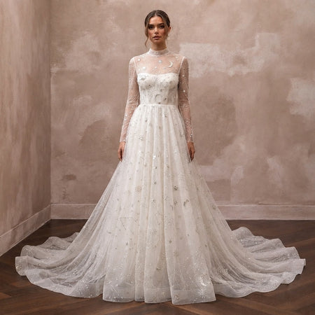 Celestial Ivory Sparkle Tulle Long Sleeve A - Line for Stargazing - Apparel & Accessories > Clothing > Wedding & Bridal Party Dresses > Wedding Dresses - Mignonette Bridal