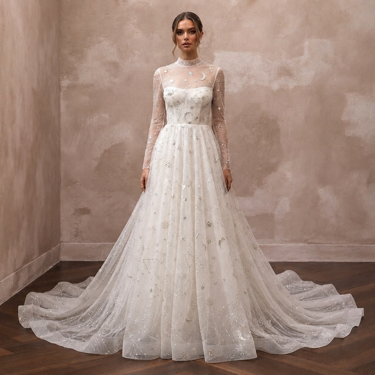 Celestial Ivory Sparkle Tulle Long Sleeve A-Line for Stargazing