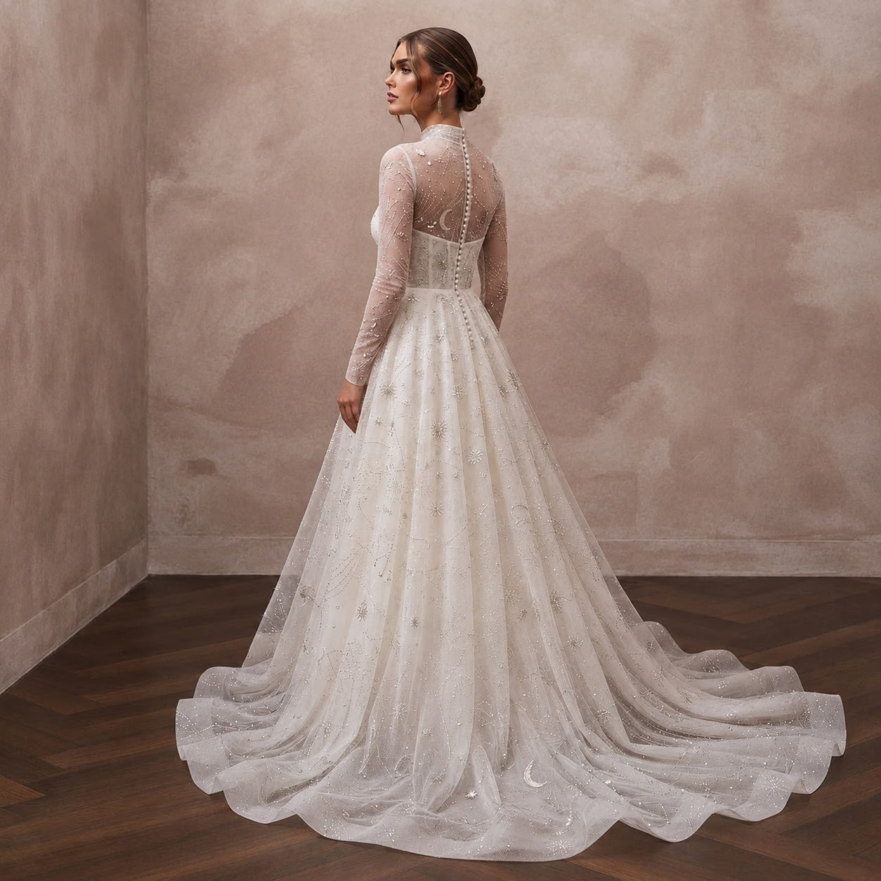 Celestial Ivory Sparkle Tulle Long Sleeve A-Line for Stargazing Secondary image