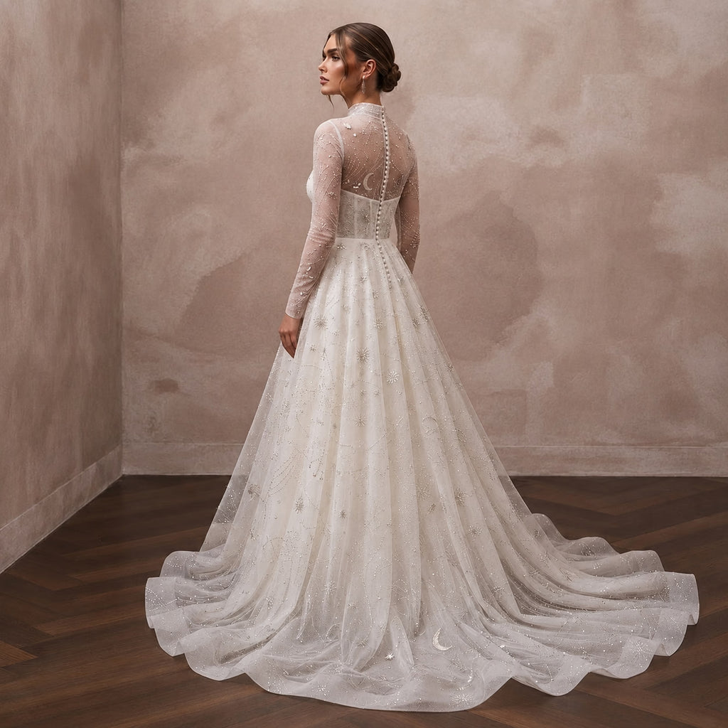 Celestial Ivory Sparkle Tulle Long Sleeve A - Line for Stargazing - Apparel & Accessories > Clothing > Wedding & Bridal Party Dresses > Wedding Dresses - Mignonette Bridal