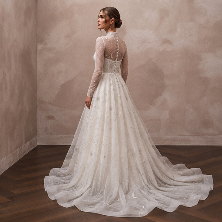 Celestial Ivory Sparkle Tulle Long Sleeve A-Line for Stargazing