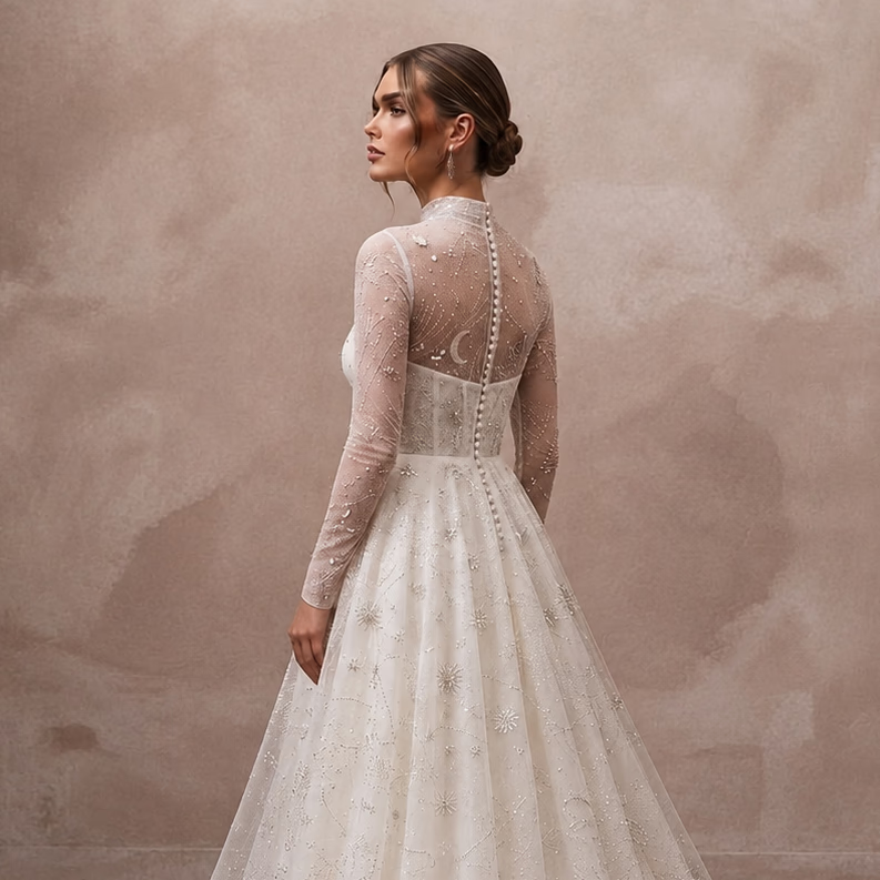 Celestial Ivory Sparkle Tulle Long Sleeve A - Line for Stargazing - Apparel & Accessories > Clothing > Wedding & Bridal Party Dresses > Wedding Dresses - Mignonette Bridal