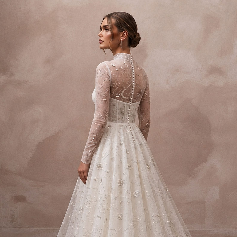 Celestial Ivory Sparkle Tulle Long Sleeve A-Line for Stargazing