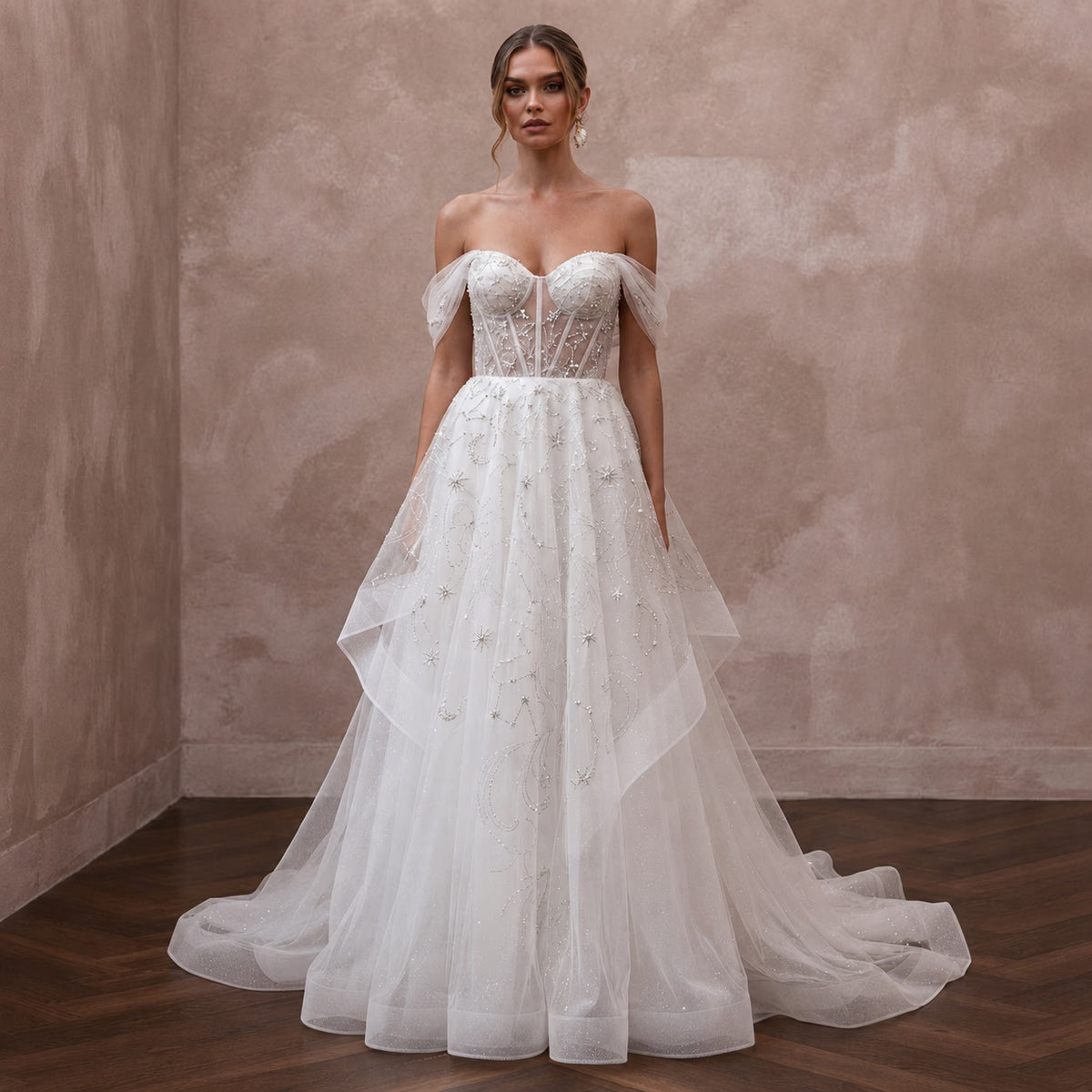 Celestial White Sparkle Tulle A - Line Bridal Dress for New Year's Vow Renewal - Apparel & Accessories > Clothing > Wedding & Bridal Party Dresses > Wedding Dresses - Mignonette Bridal Main image